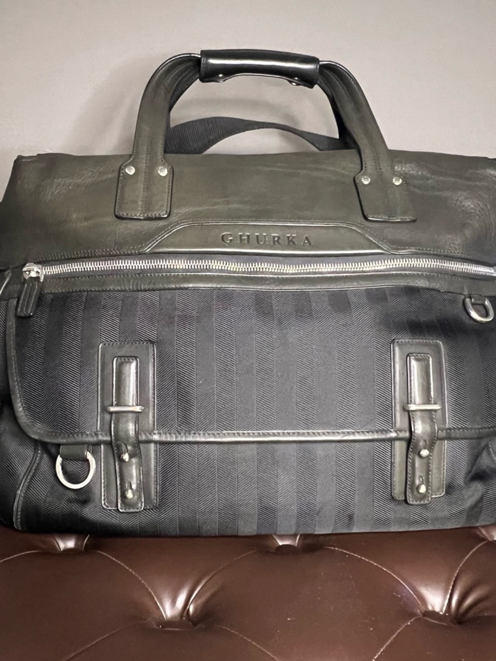 Ghurka Black Leather duffle weekend travel bag medium series